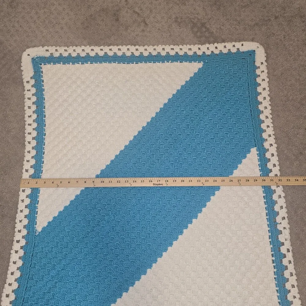Vintage Handmade Crochet Afghan Lap Blanket Turquoise White 41x32 Retro